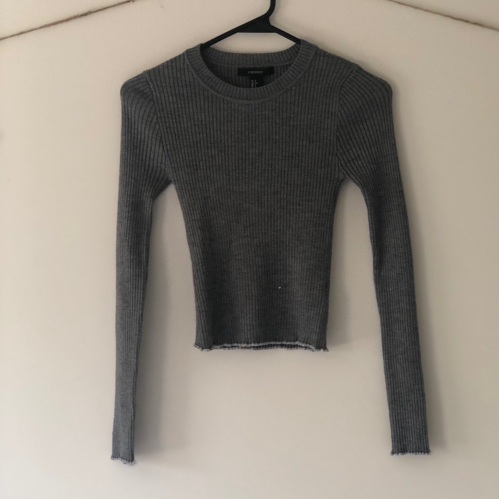 FOREVER 21 Ribbed Grey Sweater with Ruffle Detail